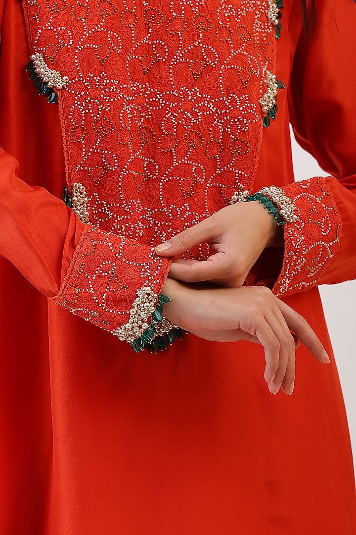 Tangerine Orange Pure Silk Floral Embroiderd Layered Kurta Set by Vidushi Gupta at Pernia's Pop Up Shop