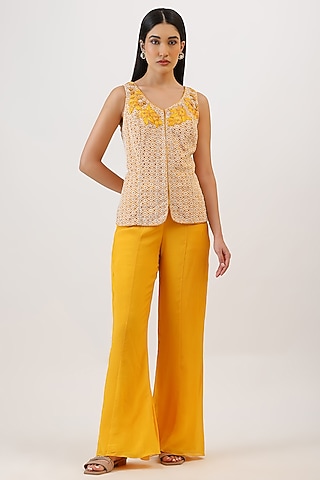 Yellow Pure Silk Honeycomb Embroiderd Jacket Set by Vidushi Gupta