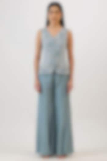 Blue Pure Silk Floral Embroiderd Jacket Set by Vidushi Gupta at Pernia's Pop Up Shop