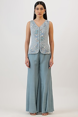 Blue Pure Silk Floral Embroiderd Jacket Set by Vidushi Gupta