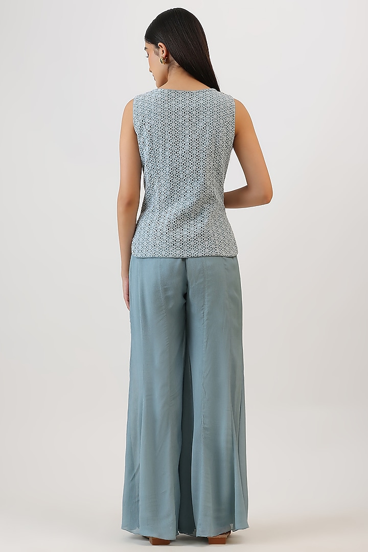 Blue Pure Silk Floral Embroiderd Jacket Set by Vidushi Gupta at Pernia's Pop Up Shop