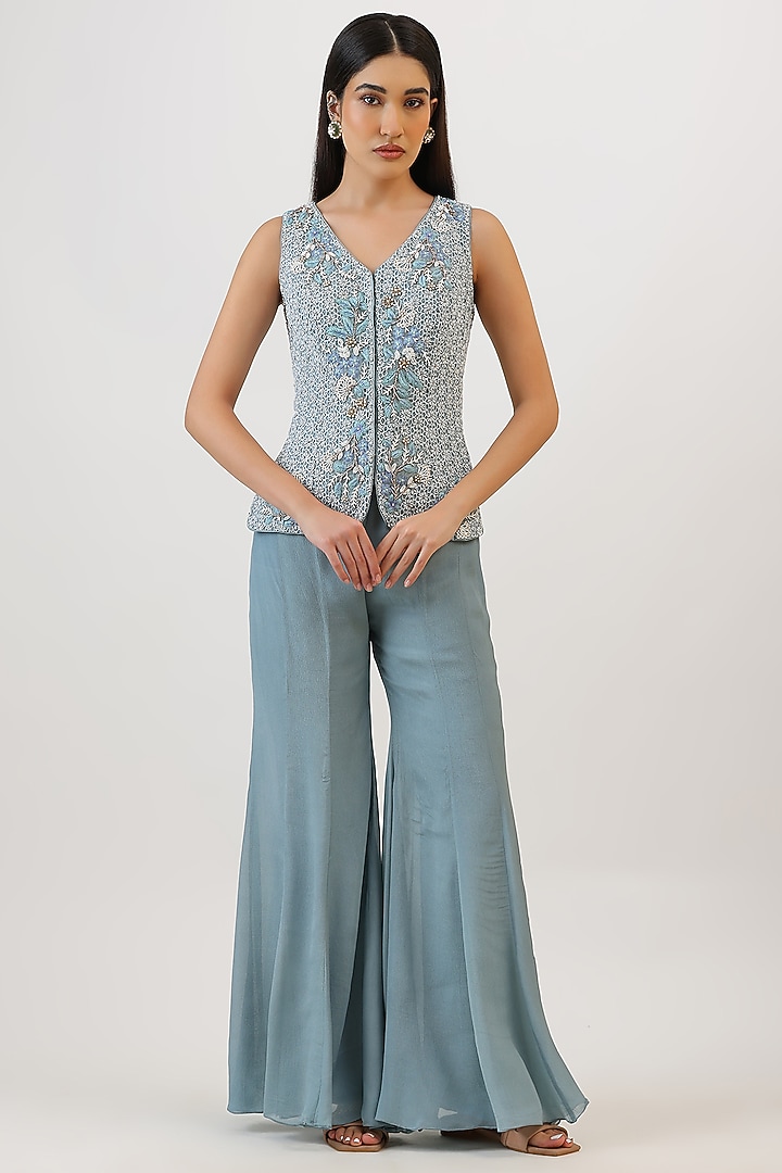 Blue Pure Silk Floral Embroiderd Jacket Set by Vidushi Gupta at Pernia's Pop Up Shop