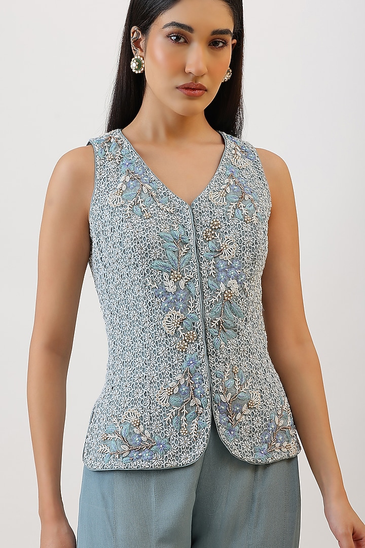 Blue Pure Silk Floral Embroiderd Jacket Set by Vidushi Gupta at Pernia's Pop Up Shop