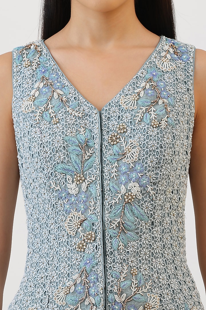 Blue Pure Silk Floral Embroiderd Jacket Set by Vidushi Gupta at Pernia's Pop Up Shop