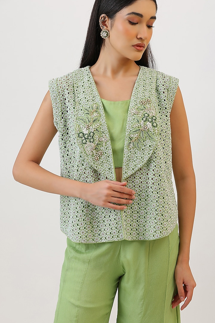 Green Pure Silk Floral Embroiderd Jacket Set by Vidushi Gupta at Pernia's Pop Up Shop