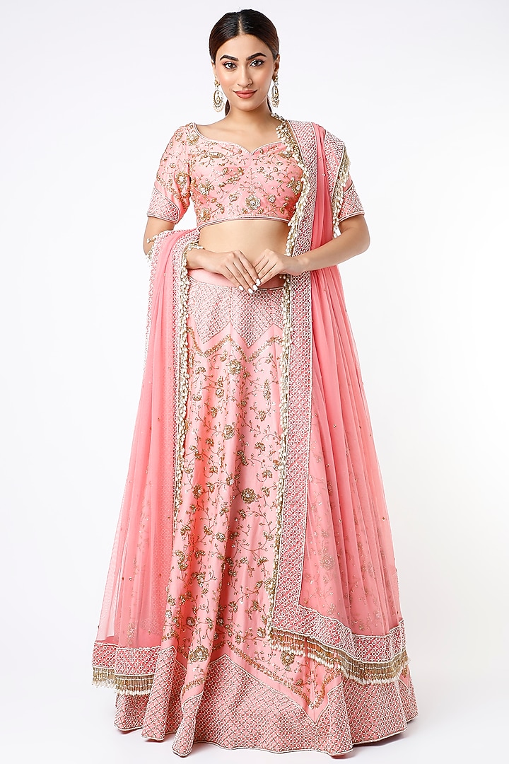 Pink Floral Hand Embroidered Wedding Lehenga Set by Vidushi Gupta at Pernia's Pop Up Shop