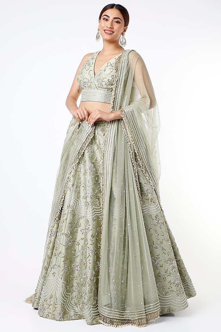 Mint Green Hand Embroidered Wedding Lehenga Set by Vidushi Gupta at Pernia's Pop Up Shop