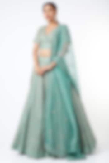 Aquamarine Hand Embroidered Wedding Lehenga Set by Vidushi Gupta at Pernia's Pop Up Shop