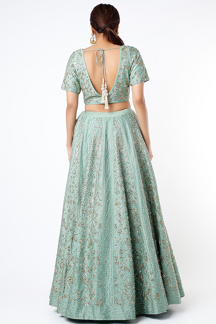 Aquamarine Hand Embroidered Wedding Lehenga Set by Vidushi Gupta at Pernia's Pop Up Shop