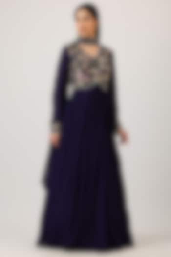 Aubergine Purple Modal Silk & Net Zardosi Embroidered Wedding Anarkali With Dupatta by Vidushi Gupta at Pernia's Pop Up Shop