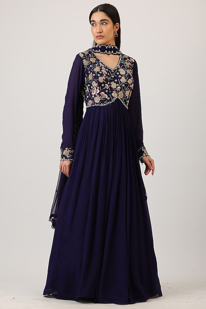 Aubergine Purple Modal Silk & Net Zardosi Embroidered Wedding Anarkali With Dupatta by Vidushi Gupta at Pernia's Pop Up Shop
