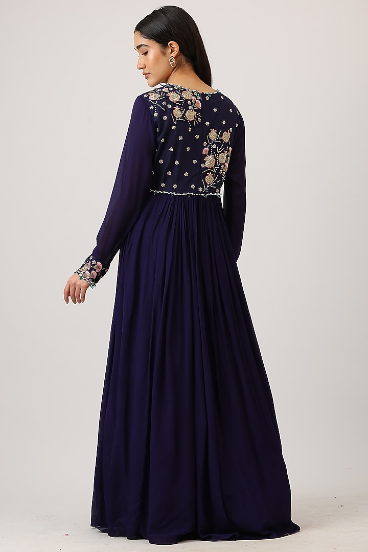 Aubergine Purple Modal Silk & Net Zardosi Embroidered Wedding Anarkali With Dupatta by Vidushi Gupta at Pernia's Pop Up Shop
