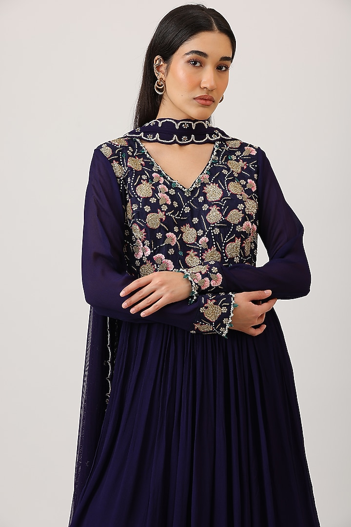Aubergine Purple Modal Silk & Net Zardosi Embroidered Wedding Anarkali With Dupatta by Vidushi Gupta at Pernia's Pop Up Shop