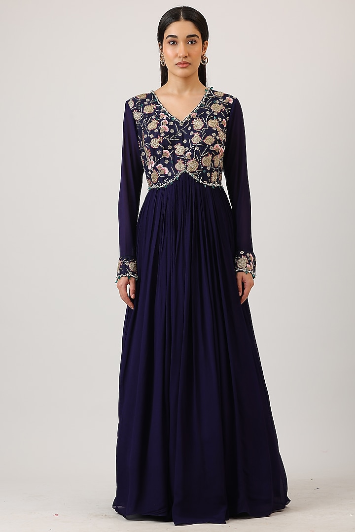 Aubergine Purple Modal Silk & Net Zardosi Embroidered Wedding Anarkali With Dupatta by Vidushi Gupta at Pernia's Pop Up Shop