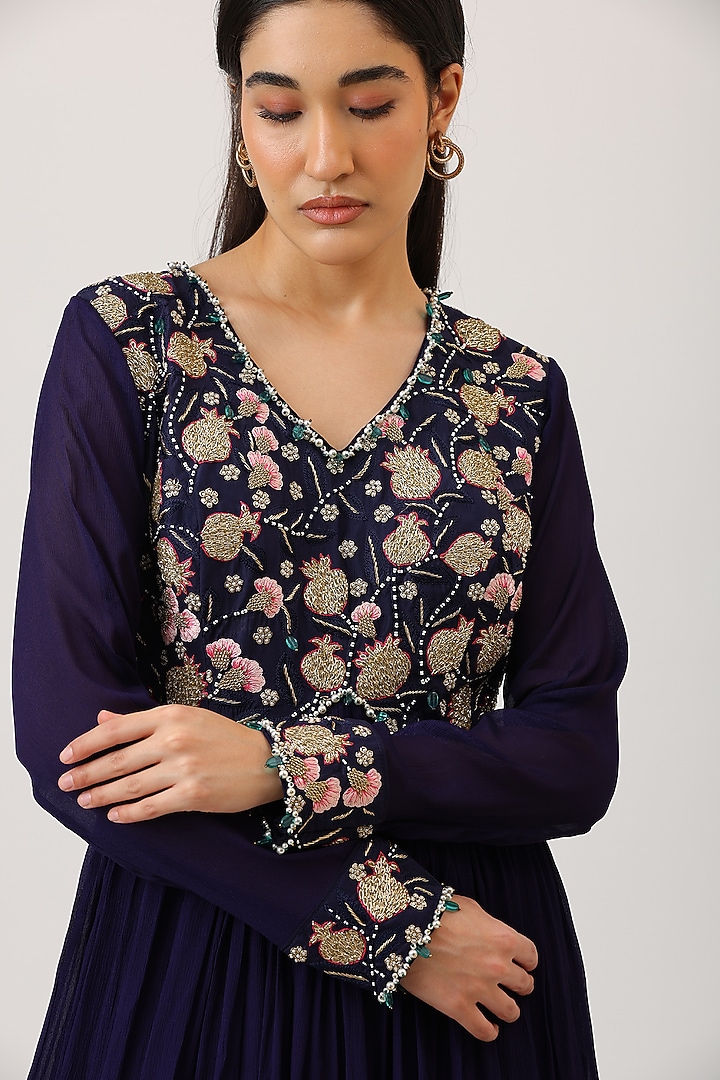 Aubergine Purple Modal Silk & Net Zardosi Embroidered Wedding Anarkali With Dupatta by Vidushi Gupta at Pernia's Pop Up Shop
