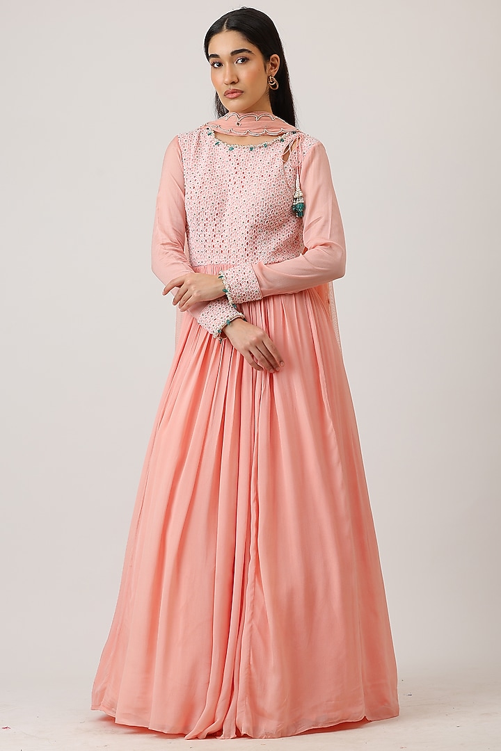 Pink Modal Silk & Net Zardosi Embroidered Angrakha Wedding Anarkali With Dupatta by Vidushi Gupta at Pernia's Pop Up Shop