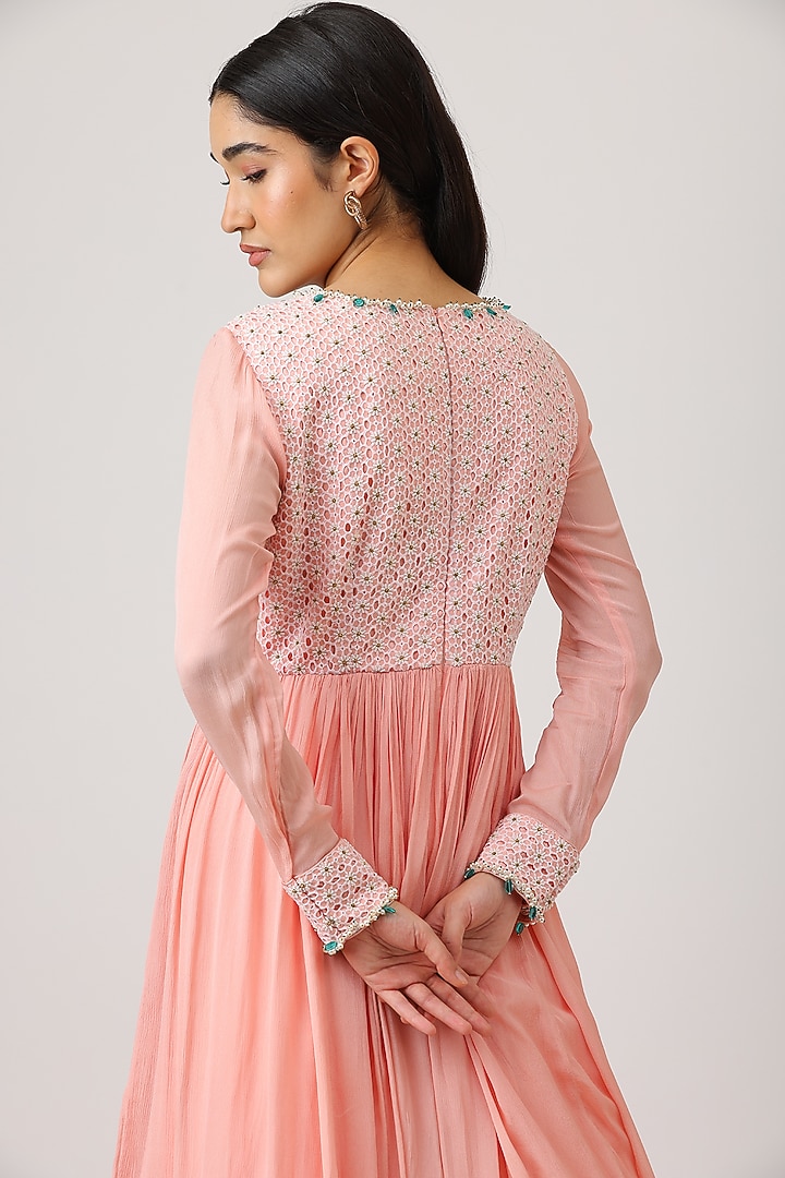 Pink Modal Silk & Net Zardosi Embroidered Angrakha Wedding Anarkali With Dupatta by Vidushi Gupta at Pernia's Pop Up Shop