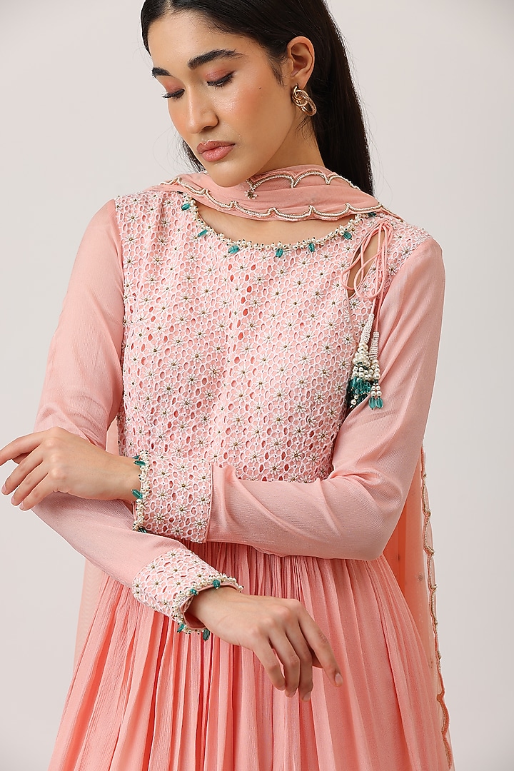 Pink Modal Silk & Net Zardosi Embroidered Angrakha Wedding Anarkali With Dupatta by Vidushi Gupta at Pernia's Pop Up Shop