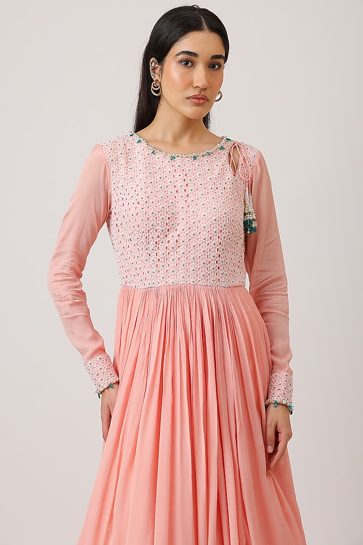 Pink Modal Silk & Net Zardosi Embroidered Angrakha Wedding Anarkali With Dupatta by Vidushi Gupta at Pernia's Pop Up Shop