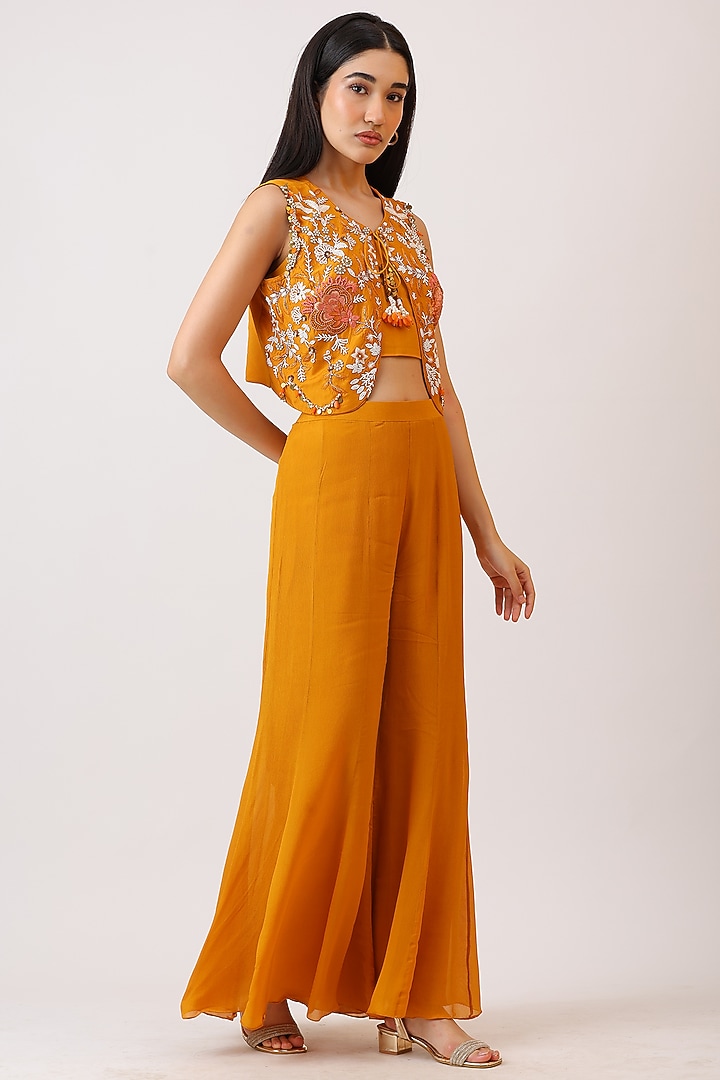 Mustard Modal Silk & Pure Silk Thread Embroidered Palazzo Set by Vidushi Gupta at Pernia's Pop Up Shop
