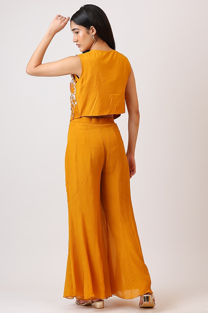 Mustard Modal Silk & Pure Silk Thread Embroidered Palazzo Set by Vidushi Gupta at Pernia's Pop Up Shop