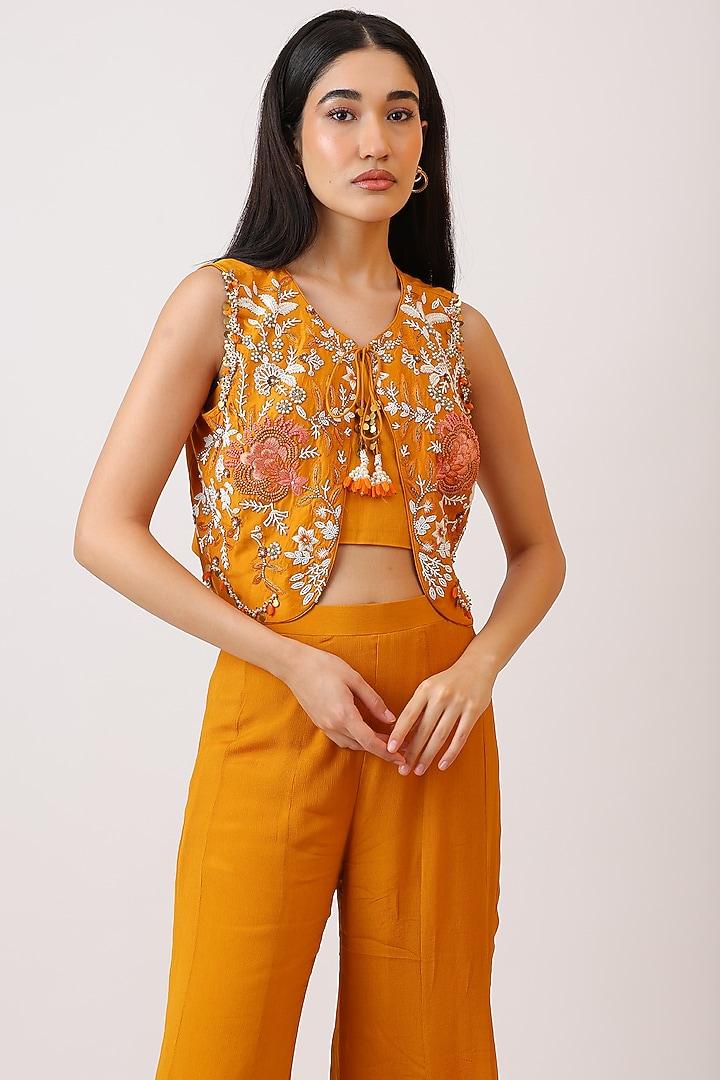 Mustard Modal Silk & Pure Silk Thread Embroidered Palazzo Set by Vidushi Gupta at Pernia's Pop Up Shop