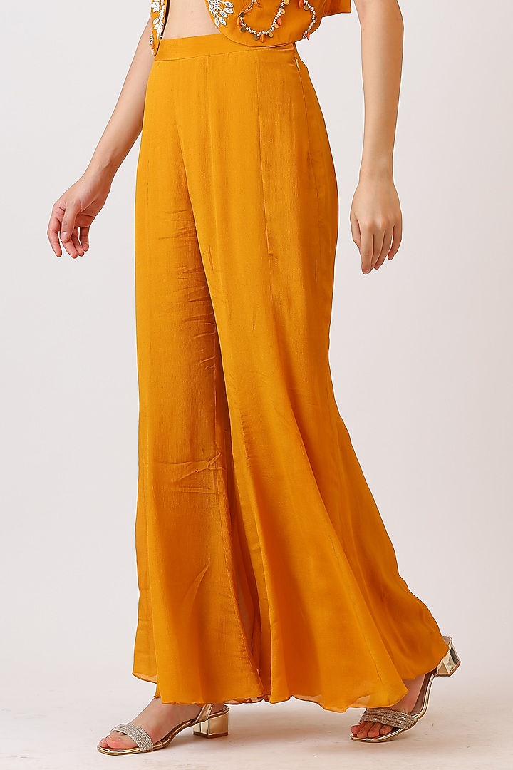 Mustard Modal Silk & Pure Silk Thread Embroidered Palazzo Set by Vidushi Gupta at Pernia's Pop Up Shop