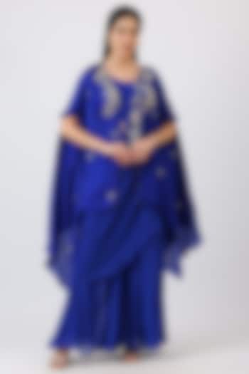 Cobalt Blue Modal Silk Hand Embroidered Cape Set by Vidushi Gupta at Pernia's Pop Up Shop