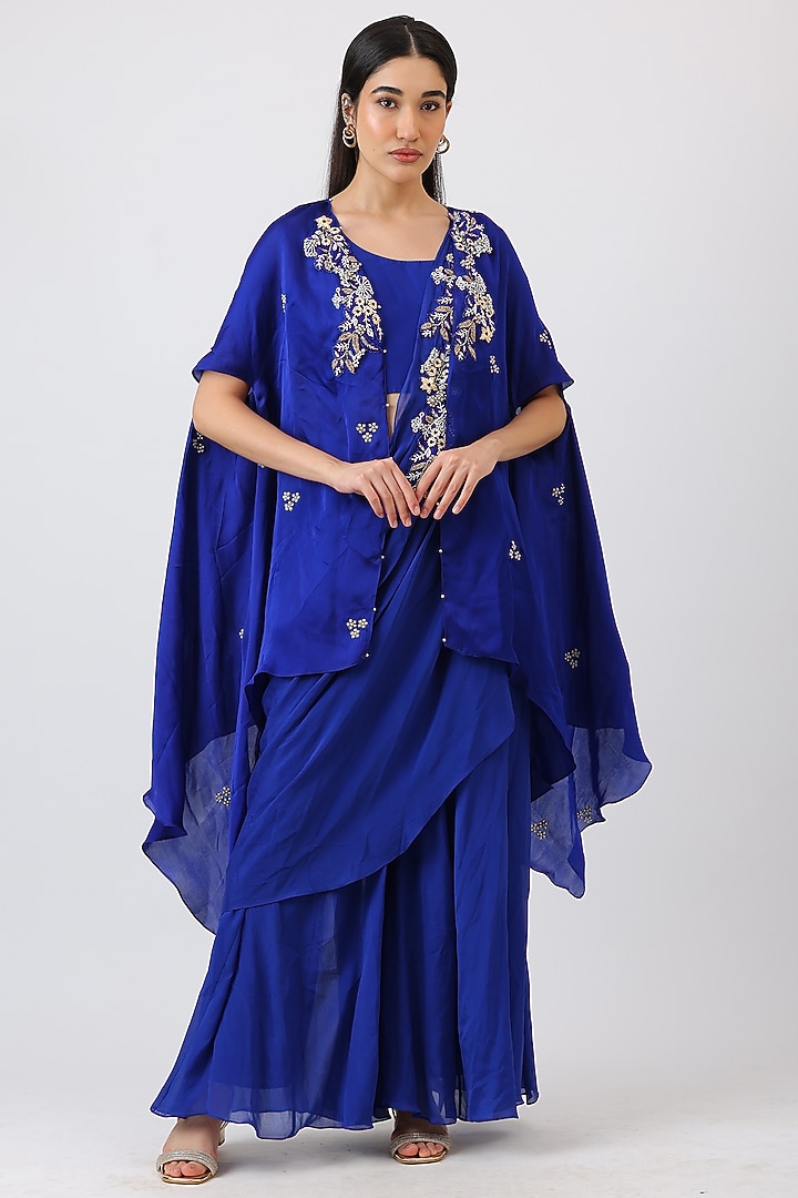 Cobalt Blue Modal Silk Hand Embroidered Cape Set by Vidushi Gupta at Pernia's Pop Up Shop