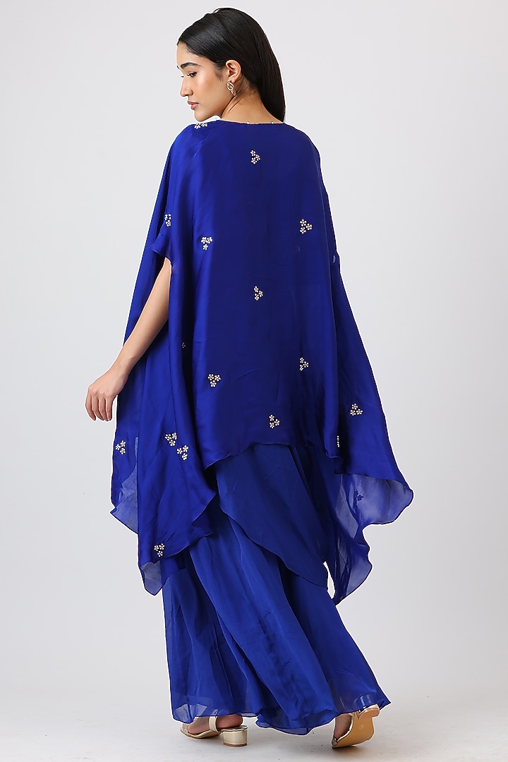 Cobalt Blue Modal Silk Hand Embroidered Cape Set by Vidushi Gupta at Pernia's Pop Up Shop