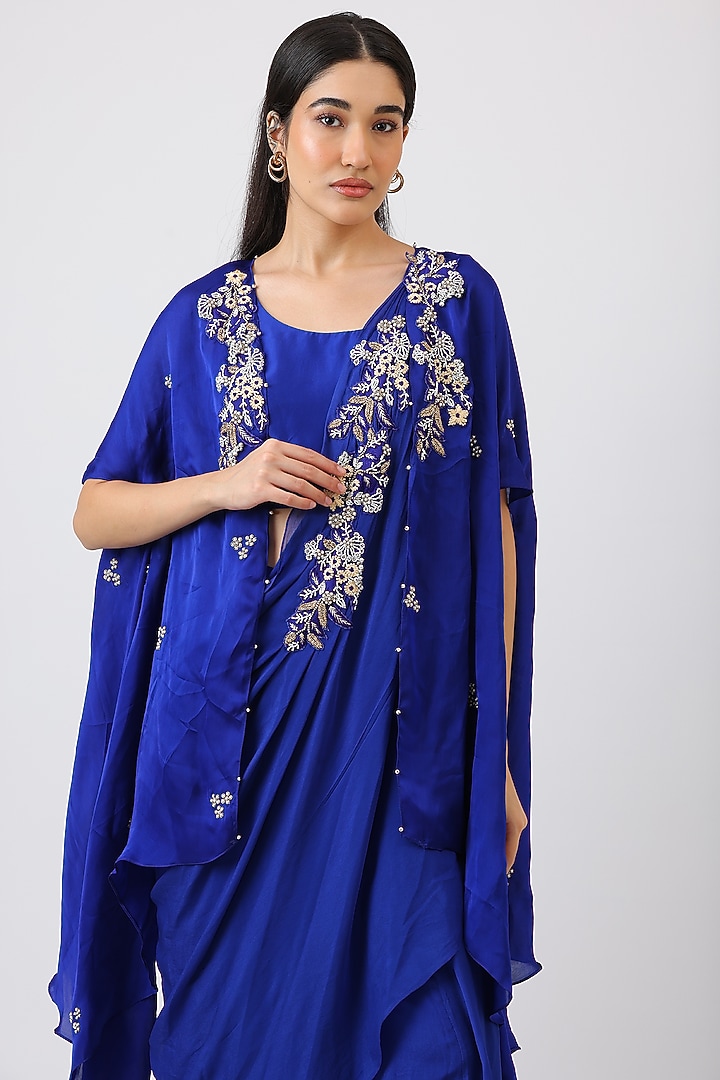 Cobalt Blue Modal Silk Hand Embroidered Cape Set by Vidushi Gupta at Pernia's Pop Up Shop