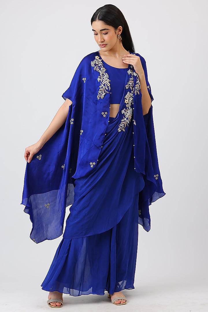 Cobalt Blue Modal Silk Hand Embroidered Cape Set by Vidushi Gupta at Pernia's Pop Up Shop
