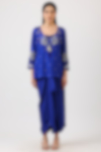 Cobalt Blue Modal Silk Hand Embroidered Draped Skirt Set by Vidushi Gupta at Pernia's Pop Up Shop