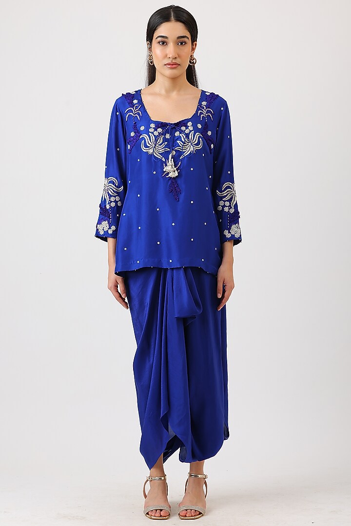 Cobalt Blue Modal Silk Hand Embroidered Draped Skirt Set by Vidushi Gupta at Pernia's Pop Up Shop