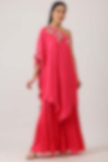 Fuchsia Pink Modal Silk & Pure Silk Zardosi Embroidered One-Shoulder Cape Set by Vidushi Gupta at Pernia's Pop Up Shop