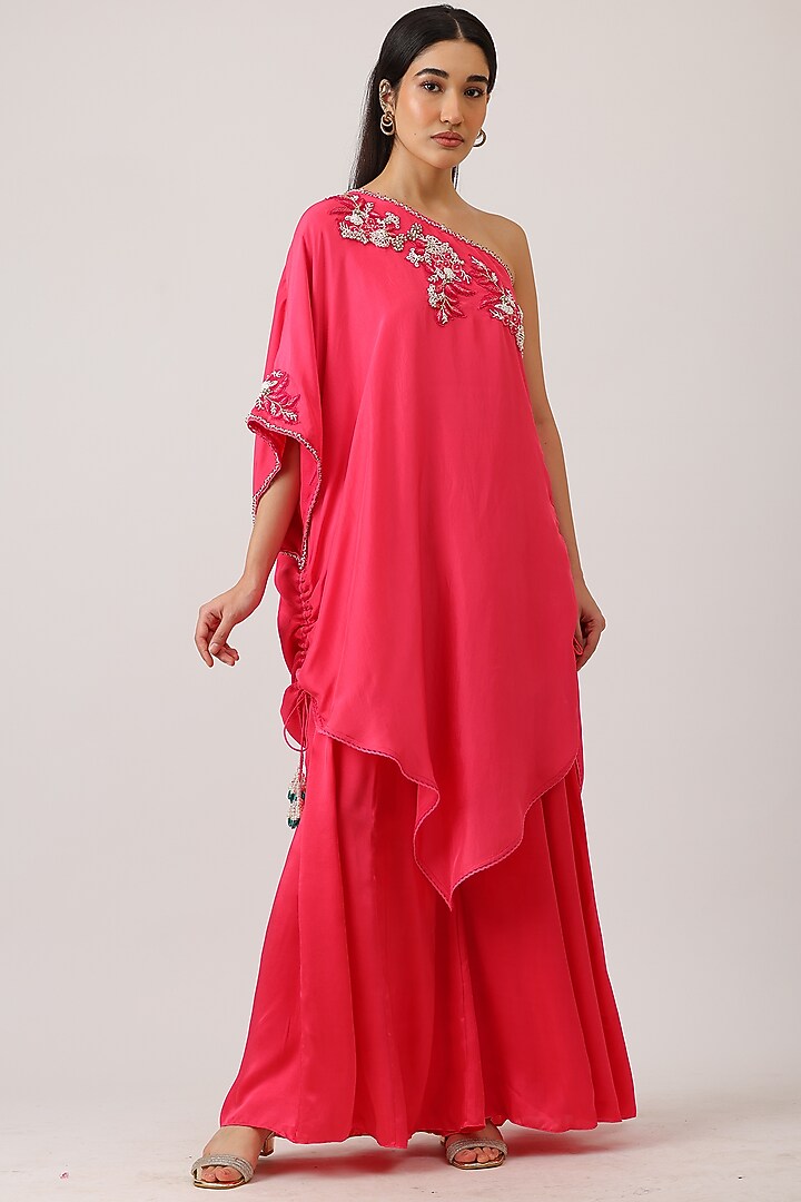 Fuchsia Pink Modal Silk & Pure Silk Zardosi Embroidered One-Shoulder Cape Set by Vidushi Gupta at Pernia's Pop Up Shop