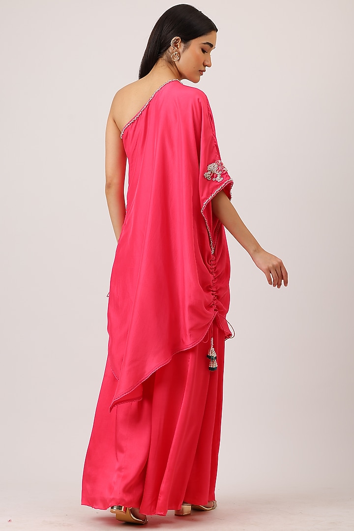 Fuchsia Pink Modal Silk & Pure Silk Zardosi Embroidered One-Shoulder Cape Set by Vidushi Gupta at Pernia's Pop Up Shop