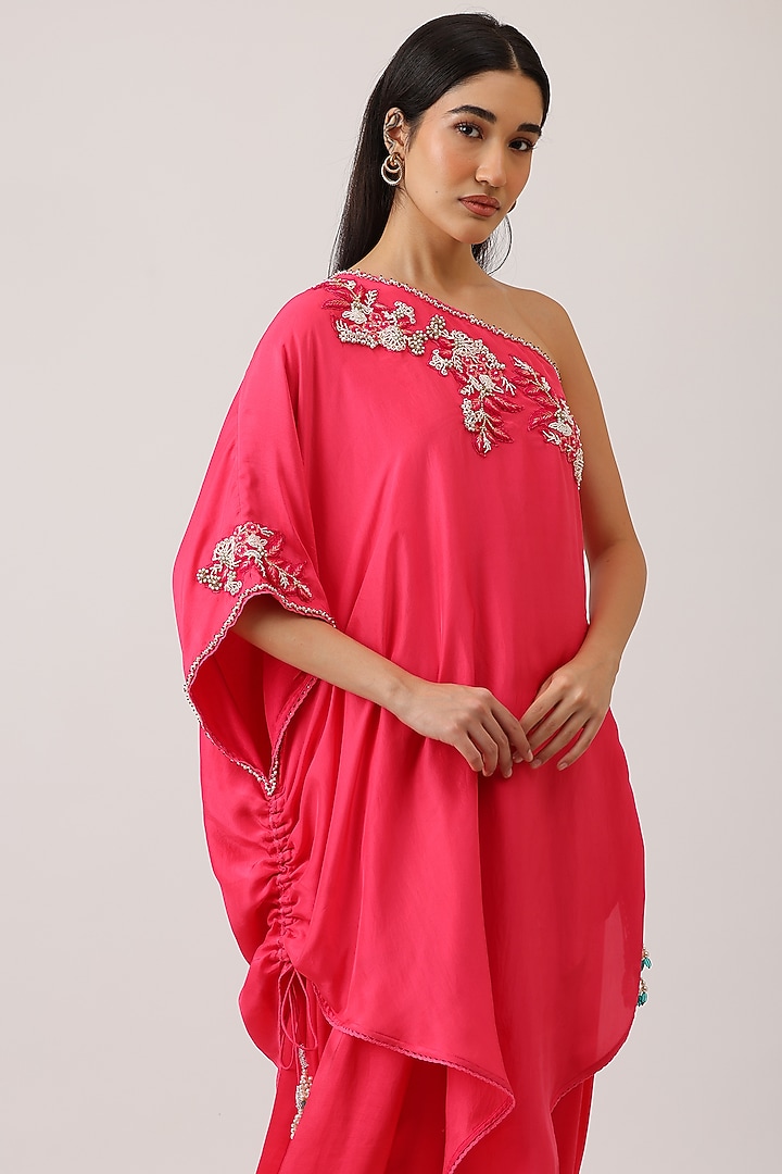 Fuchsia Pink Modal Silk & Pure Silk Zardosi Embroidered One-Shoulder Cape Set by Vidushi Gupta at Pernia's Pop Up Shop