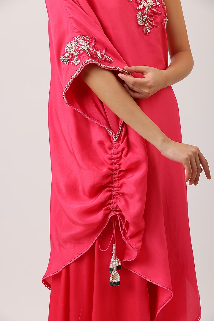 Fuchsia Pink Modal Silk & Pure Silk Zardosi Embroidered One-Shoulder Cape Set by Vidushi Gupta at Pernia's Pop Up Shop