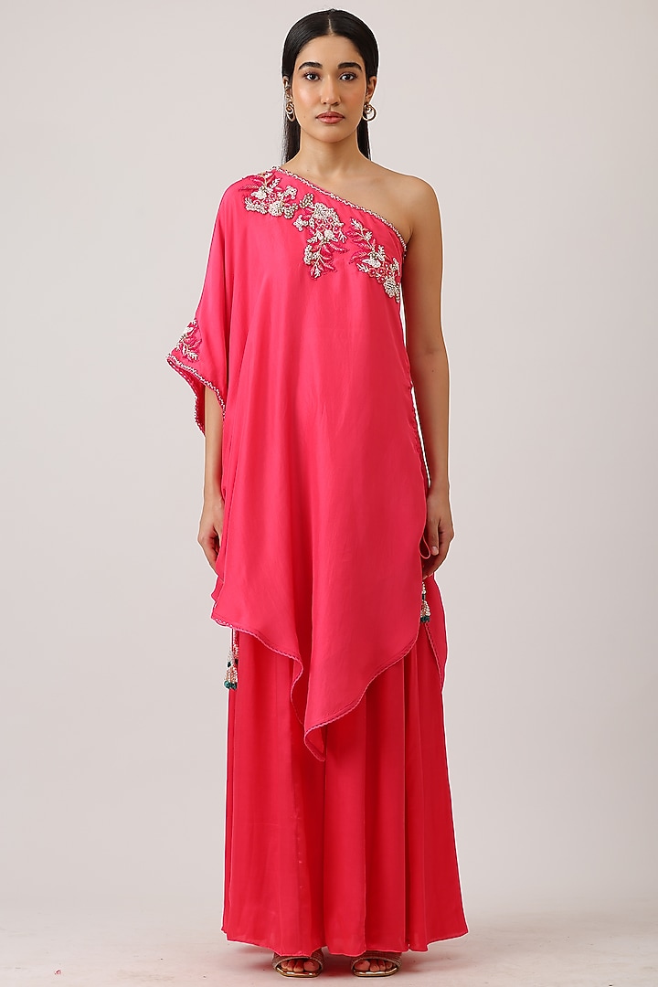 Fuchsia Pink Modal Silk & Pure Silk Zardosi Embroidered One-Shoulder Cape Set by Vidushi Gupta at Pernia's Pop Up Shop