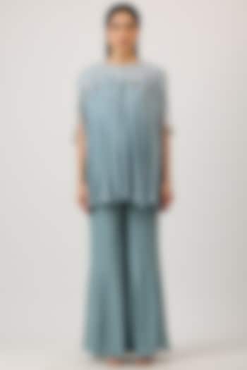 Blue Modal Silk Thread Work Embroidered Cape Set by Vidushi Gupta at Pernia's Pop Up Shop