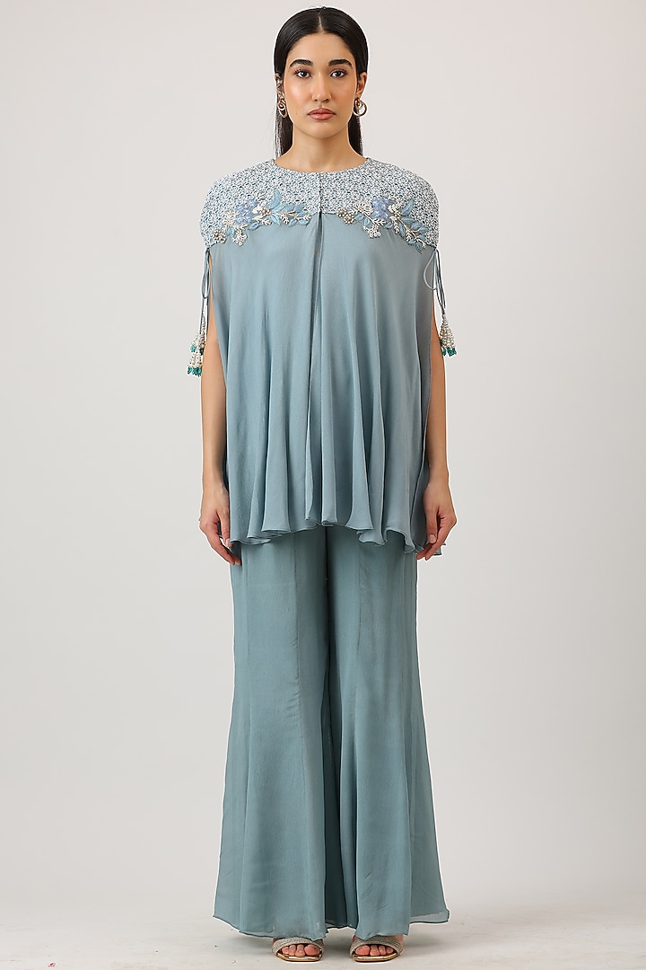Blue Modal Silk Thread Work Embroidered Cape Set by Vidushi Gupta at Pernia's Pop Up Shop