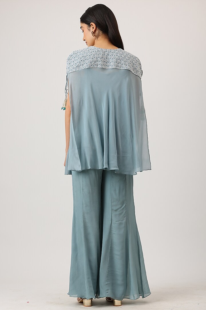 Blue Modal Silk Thread Work Embroidered Cape Set by Vidushi Gupta at Pernia's Pop Up Shop