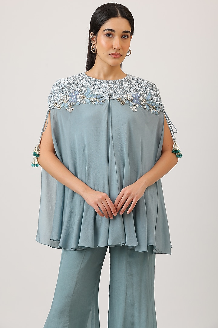 Blue Modal Silk Thread Work Embroidered Cape Set by Vidushi Gupta at Pernia's Pop Up Shop