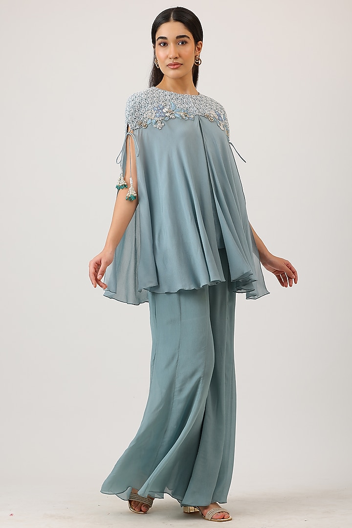 Blue Modal Silk Thread Work Embroidered Cape Set by Vidushi Gupta at Pernia's Pop Up Shop