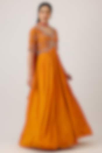 Mustard Modal Silk & Net Hand Embroidered Wedding Anarkali With Dupatta by Vidushi Gupta at Pernia's Pop Up Shop