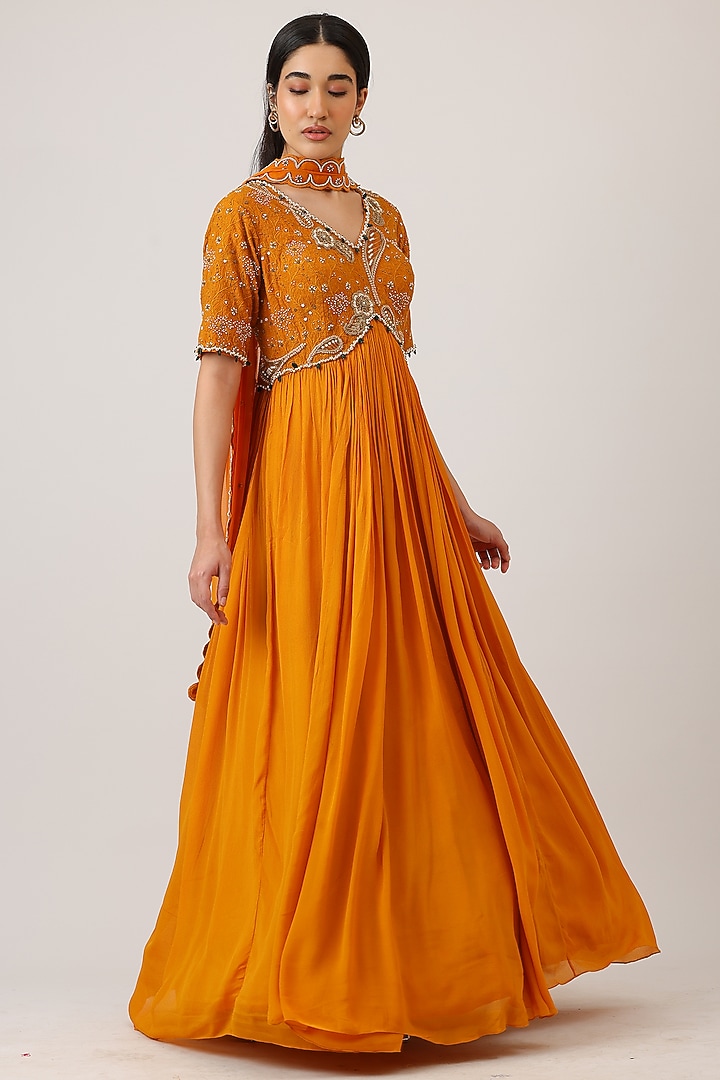 Mustard Modal Silk & Net Hand Embroidered Wedding Anarkali With Dupatta by Vidushi Gupta at Pernia's Pop Up Shop