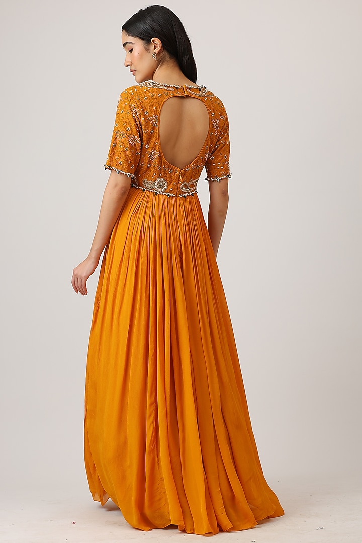 Mustard Modal Silk & Net Hand Embroidered Wedding Anarkali With Dupatta by Vidushi Gupta at Pernia's Pop Up Shop