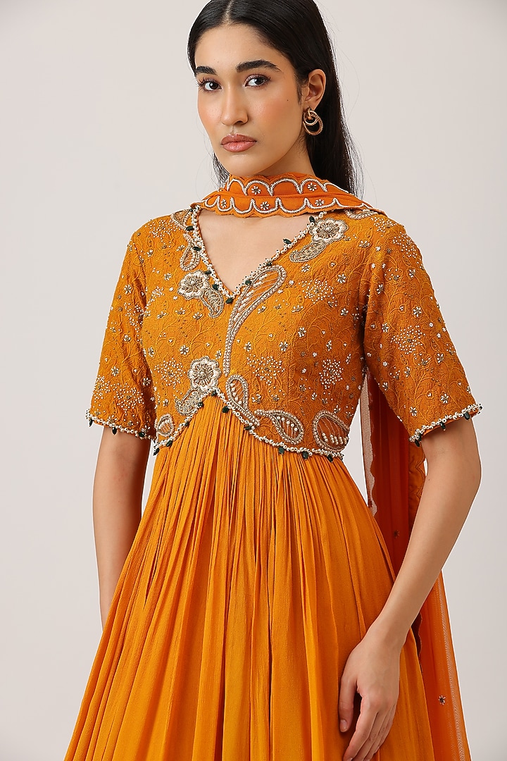 Mustard Modal Silk & Net Hand Embroidered Wedding Anarkali With Dupatta by Vidushi Gupta at Pernia's Pop Up Shop