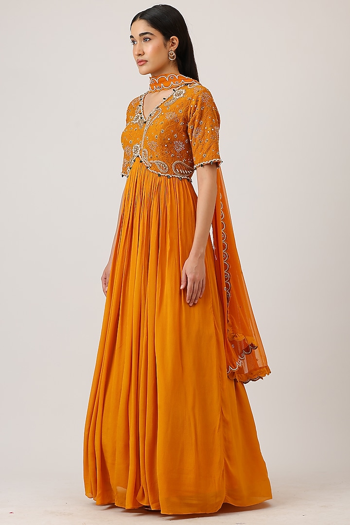 Mustard Modal Silk & Net Hand Embroidered Wedding Anarkali With Dupatta by Vidushi Gupta at Pernia's Pop Up Shop